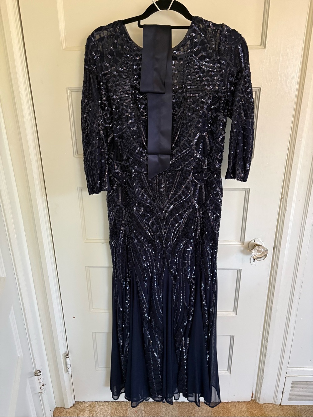 R&M Richards Navy Sequin Maxi Dress with Front Bow